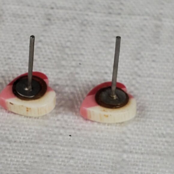 Tiny Pink Stripe White Heart Post Stud Earrings - Picture 5 of 6